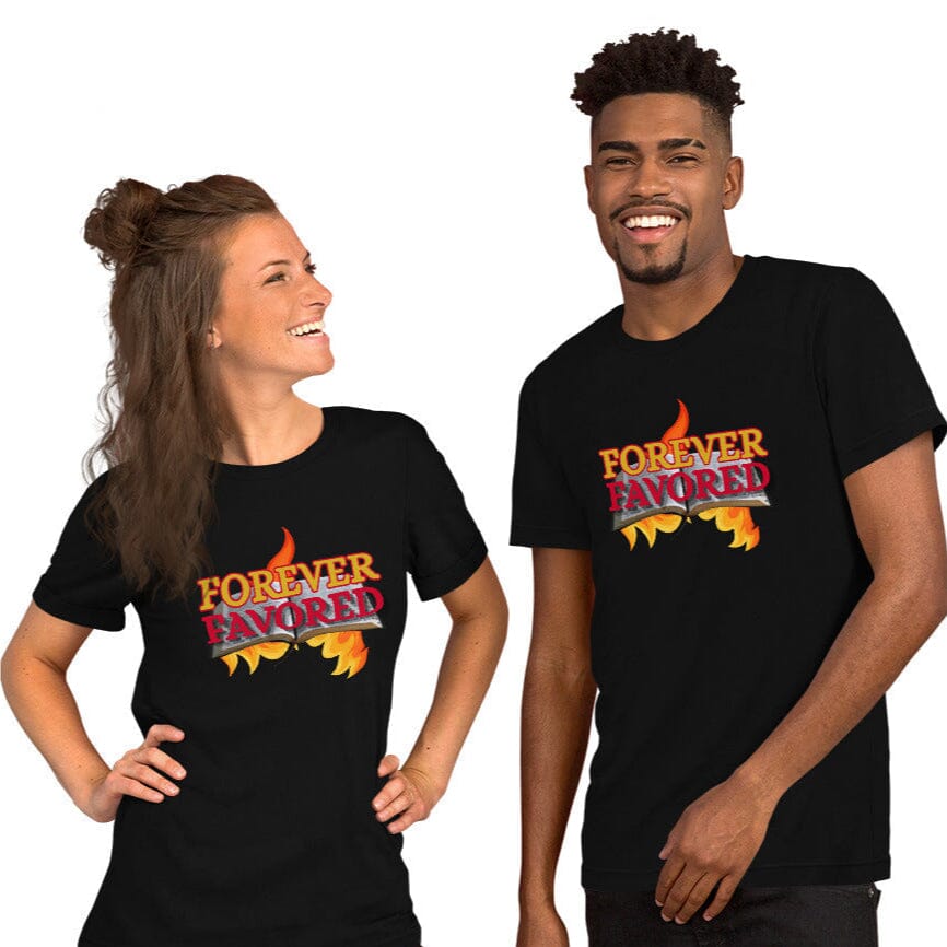 Two people wearing black t-shirts with 'Forever Favored' design on a white background “Woman praying in nature – faith-based trauma healing”
“Christian trauma-informed life coach helping client”
