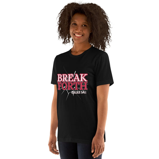 Person wearing a black t-shirt with 'BREAK FORTH' text on a white background “Woman praying in nature – faith-based trauma healing”
“Christian trauma-informed life coach helping client”