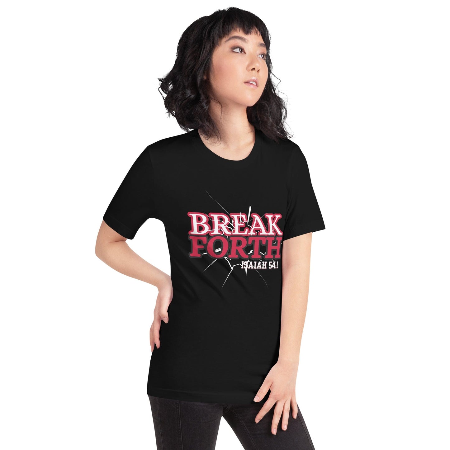 Person wearing a black t-shirt with 'BREAK FORTH' text in red and white on a white background