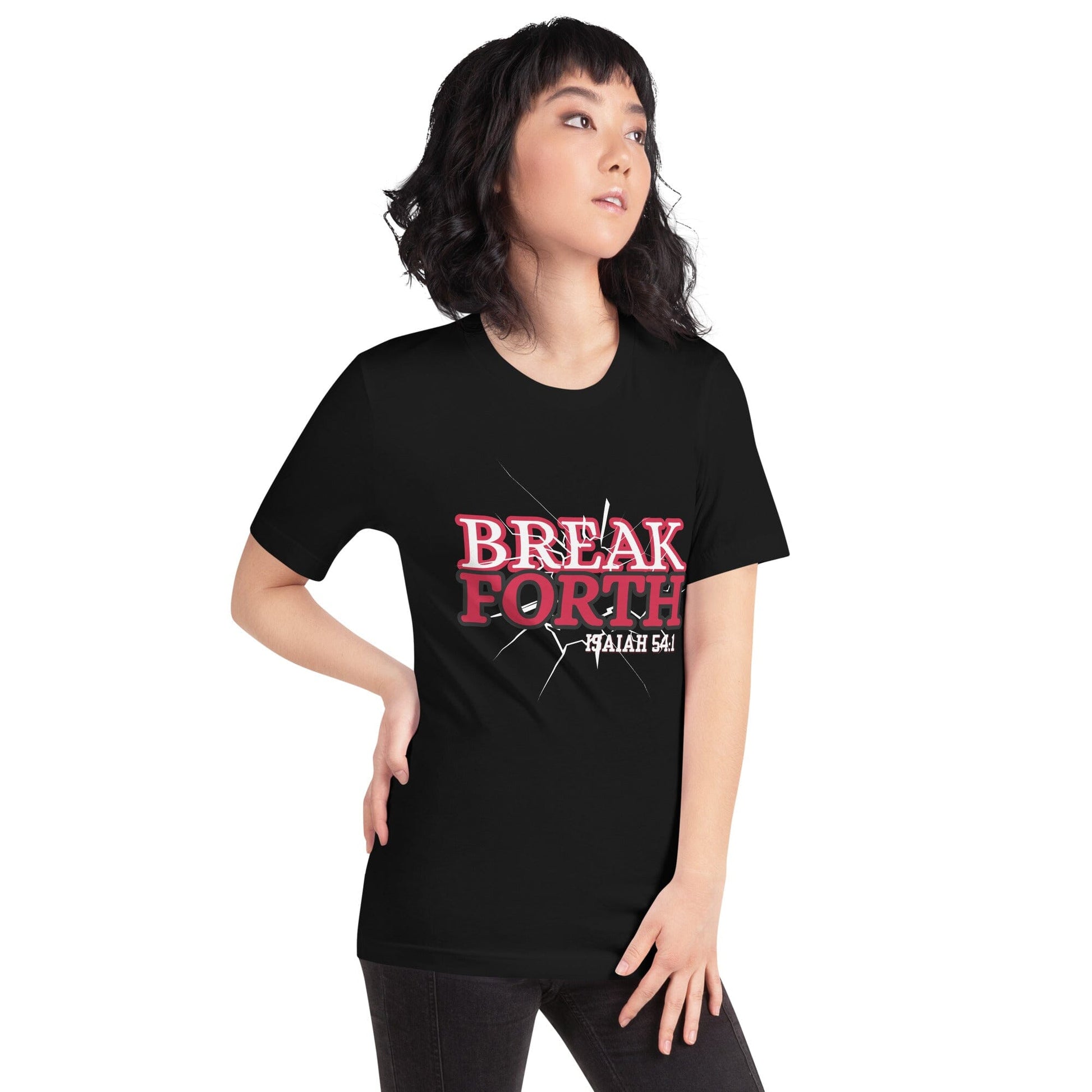 Person wearing a black t-shirt with 'BREAK FORTH' text in red and white on a white background